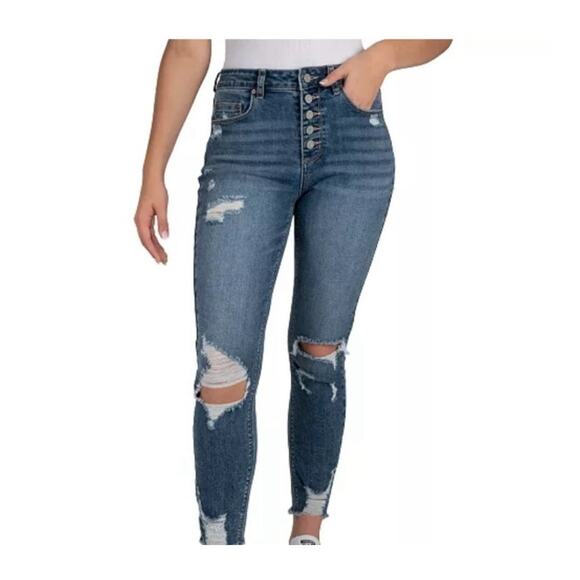 ÍNDIGO RAIN Juniors' Curvy High-Rise Button-Front Distress Ankle Jeans 5 3060 - Picture 1 of 5